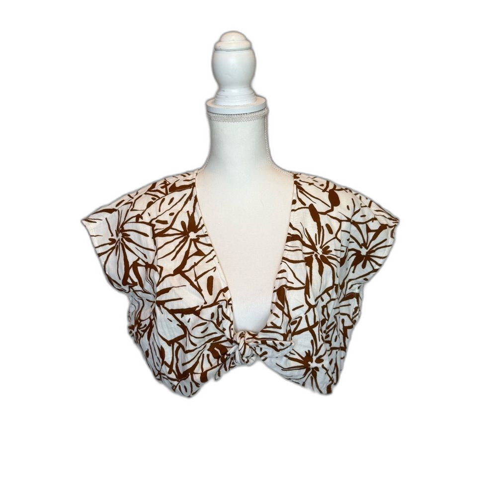 NWT Madewell Double Gauze Tie Front Crop Top Size Medium Abstract Flora Brown
